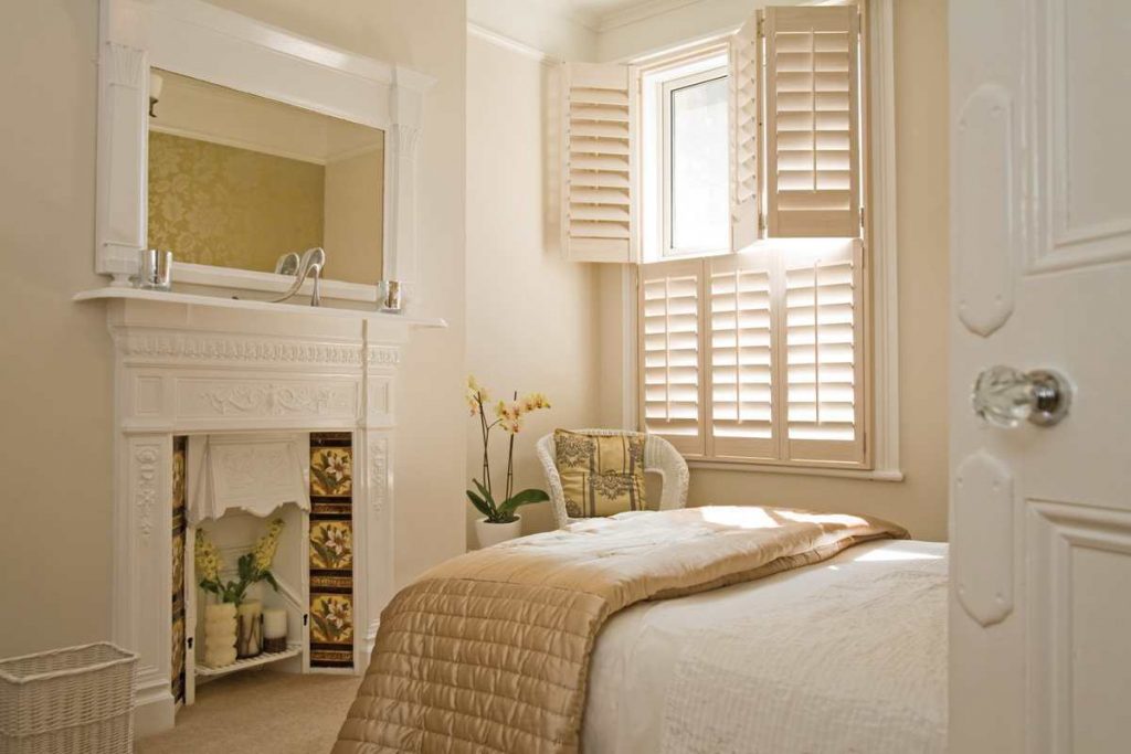 White plantation shutters in a living room